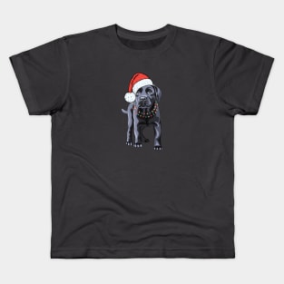 Black Labrador Retriever Puppy with Christmas Lights and Santa Hat Kids T-Shirt